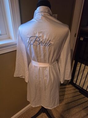 Embroidered 'Bride' White Satin Robe with Tie Belt